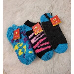 Joe Boxer 3 Pair Set of Fuzzy Women's Socks Zebra Cheetah Black Blue New